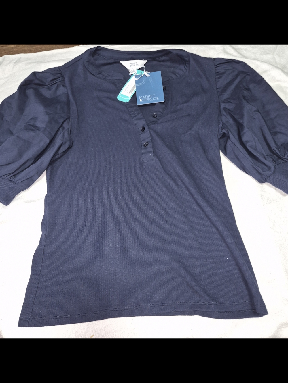 Market & Spruce Navy Puff-Sleeve Henley Blouse